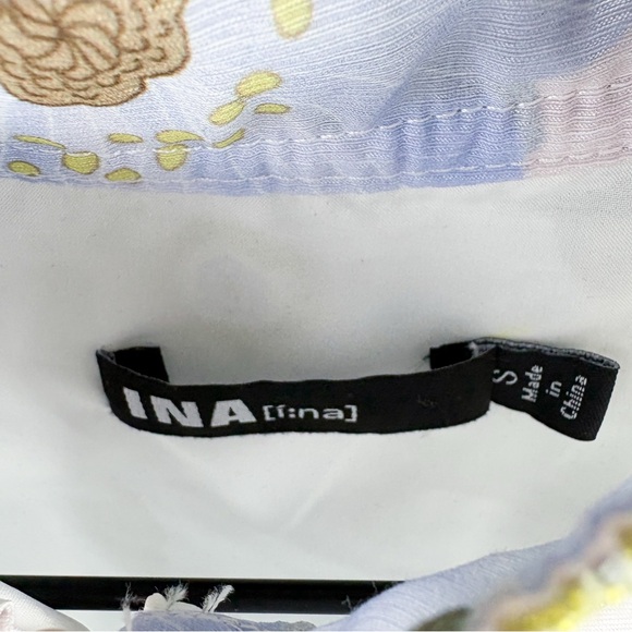 INA Rhythm Trimmed Billow Mini Dress Floral Blue Gold Puff Long Sleeve NEW Small - Picture 4 of 10